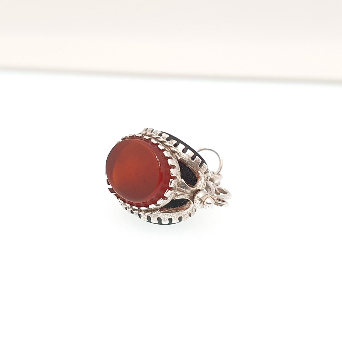 Vintage Sterling Silver Spinner Fob Necklace Pendant Victorian Revival Bloodstone Onyx Carnelian Gemstone Mens Womens Jewelry Jewellery
