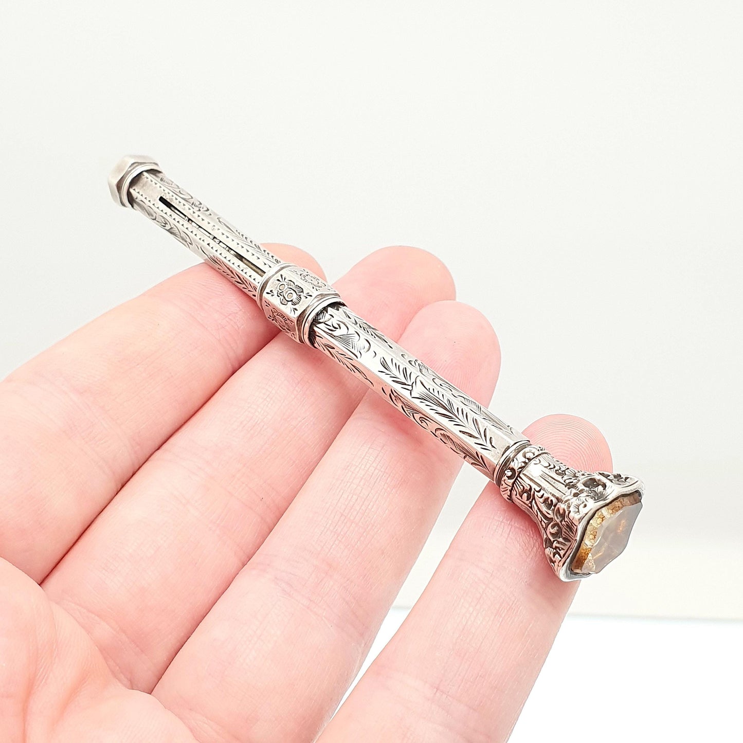 Antique Victorian Solid Silver Citrine Pencil Propelling Gemstone Fob Shield Engraved Fully Working Chased Writing Jewellery Jewelry