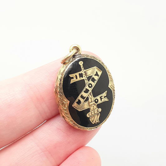 Antique Victorian Mourning Locket Solid 15ct 15k Gold In Memory Of Black Enamel 625 All Gold Small Oval Gift Necklace Pendant Gothic Vintage