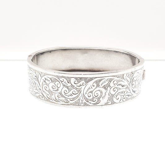 Antique Victorian Sterling Silver Snap Bracelet Bangle Scroll Hand Engraved Pattern Floral 25.44g Rare Vintage Womens Jewelry Jewellery