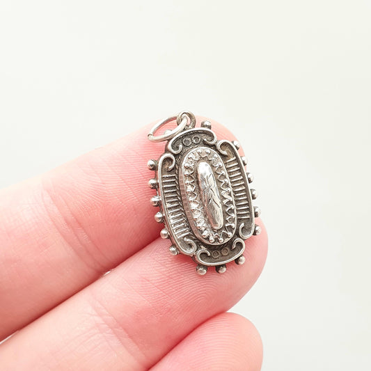 Antique Victorian Solid Silver Pendant Charm Necklace Etruscan Beaded Engraved Sweetheart Genuine 1800s Aesthetic Jewelry Jewellery