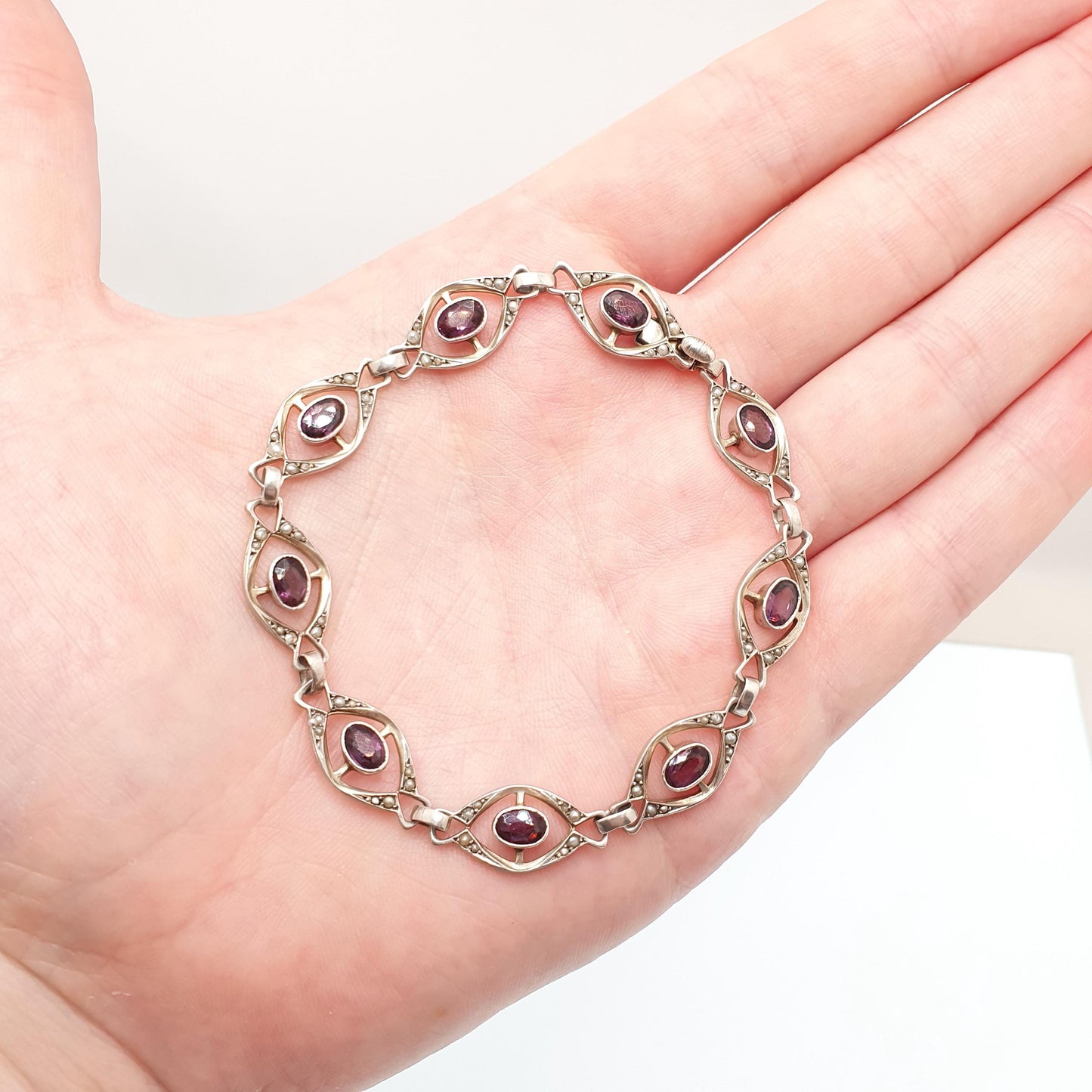 Antique Solid Silver Amethyst Paste & Seed Pearl Bracelet Edwardian 1900s Art Nouveau Handmade Estate Vintage Womens Jewelry Jewellery