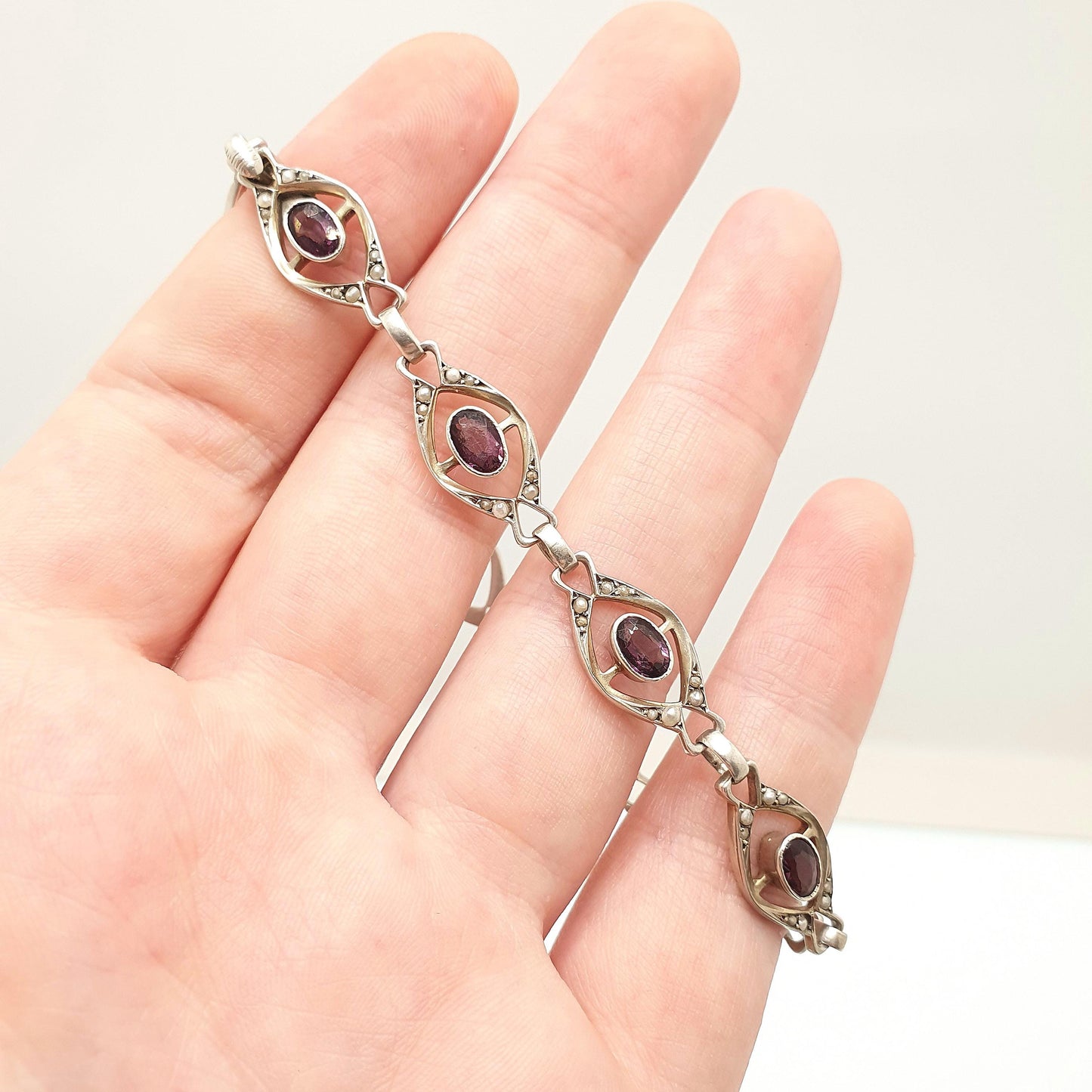 Antique Solid Silver Amethyst Paste & Seed Pearl Bracelet Edwardian 1900s Art Nouveau Handmade Estate Vintage Womens Jewelry Jewellery