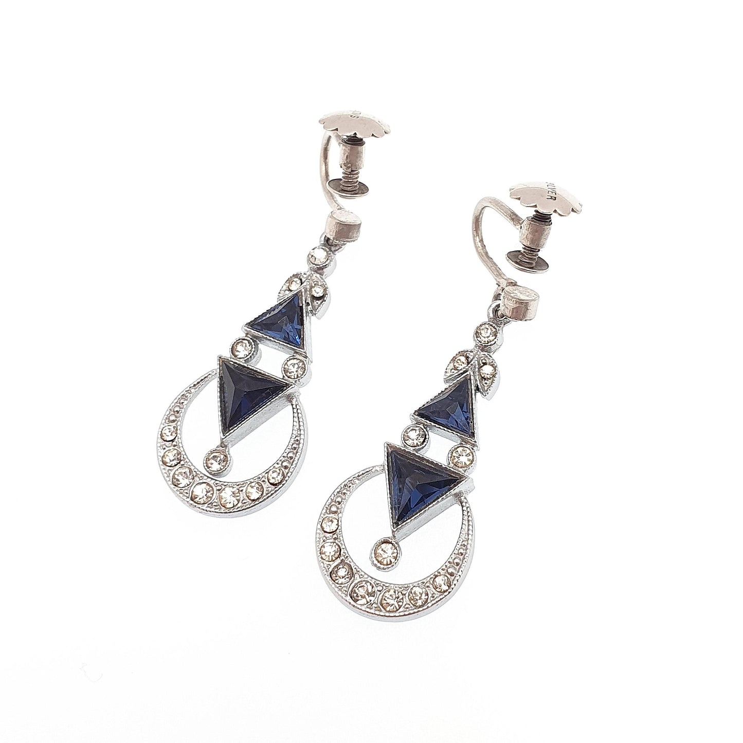 Antique Solid Silver Sapphire & Diamond Paste Earrings Crescent Moon Art Deco Pendulum Chandelier Hanging 1920s Vintage Jewelry Jewellery