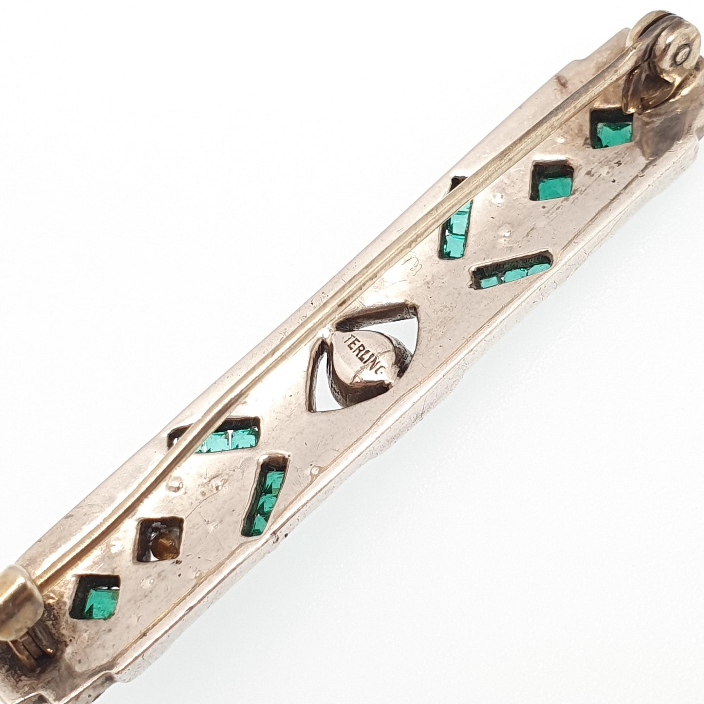 Antique Sterling Silver Emerald Diamond Paste Brooch Art Deco Geometric Channel Cut Vintage Sparkly Flapper Womens Jewelry Jewellery