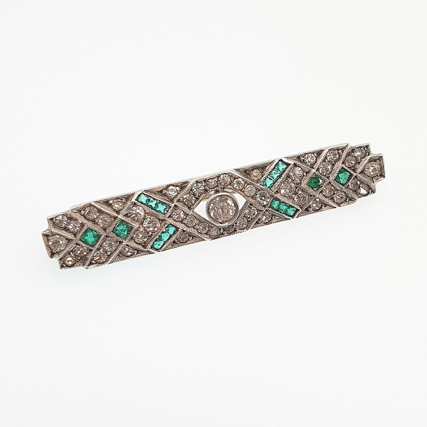 Antique Sterling Silver Emerald Diamond Paste Brooch Art Deco Geometric Channel Cut Vintage Sparkly Flapper Womens Jewelry Jewellery
