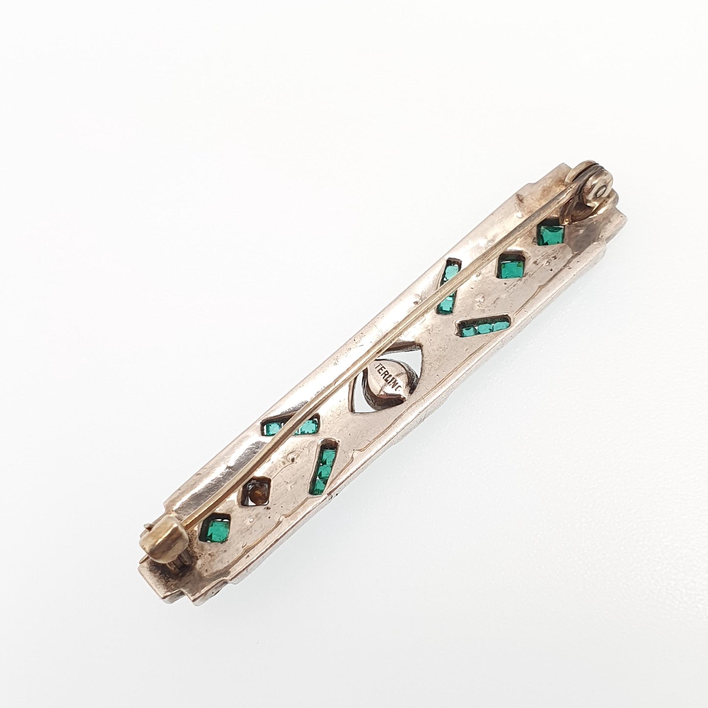 Antique Sterling Silver Emerald Diamond Paste Brooch Art Deco Geometric Channel Cut Vintage Sparkly Flapper Womens Jewelry Jewellery