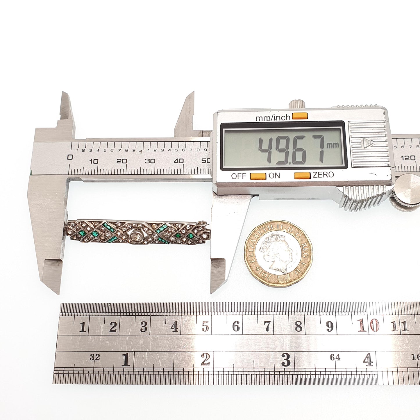 Antique Sterling Silver Emerald Diamond Paste Brooch Art Deco Geometric Channel Cut Vintage Sparkly Flapper Womens Jewelry Jewellery