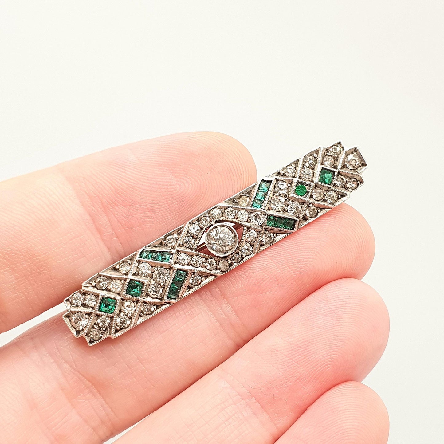 Antique Sterling Silver Emerald Diamond Paste Brooch Art Deco Geometric Channel Cut Vintage Sparkly Flapper Womens Jewelry Jewellery
