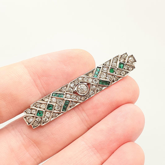 Antique Sterling Silver Emerald Diamond Paste Brooch Art Deco Geometric Channel Cut Vintage Sparkly Flapper Womens Jewelry Jewellery