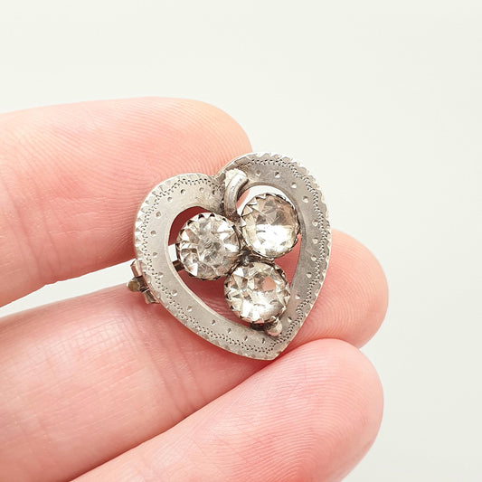 Antique Victorian Diamond Paste Sterling Silver Brooch Clover Heart Pin 1899 Hallmark Vintage Cute Small Sparkly Womens Jewelry Jewellery
