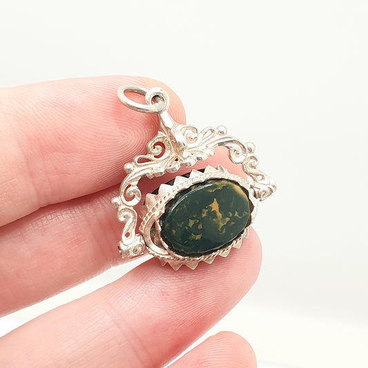 Vintage Sterling Silver Spinner Fob Necklace Pendant Victorian Revival Bloodstone Carnelian Onyx Large Gemstone Womens Jewelry Jewellery