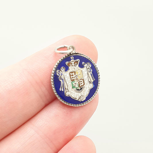 Antique Solid Silver Enamel Crest Charm Pendant Coat of Arms Necklace Coin Style Lucky Good Luck Mens Womens Jewelry Vintage Jewellery