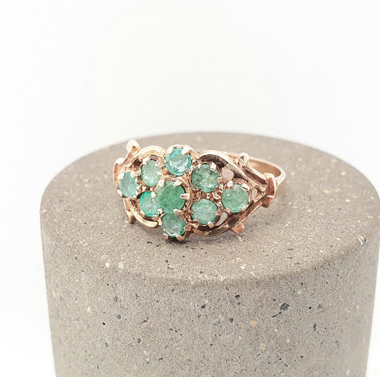Vintage 9k 9ct Gold Emerald Ring Cluster Round Cut Rose Gold Solid 9ct 375 Estate Fine Retro Genuine Gemstone Gift Jewelry Jewellery Womens