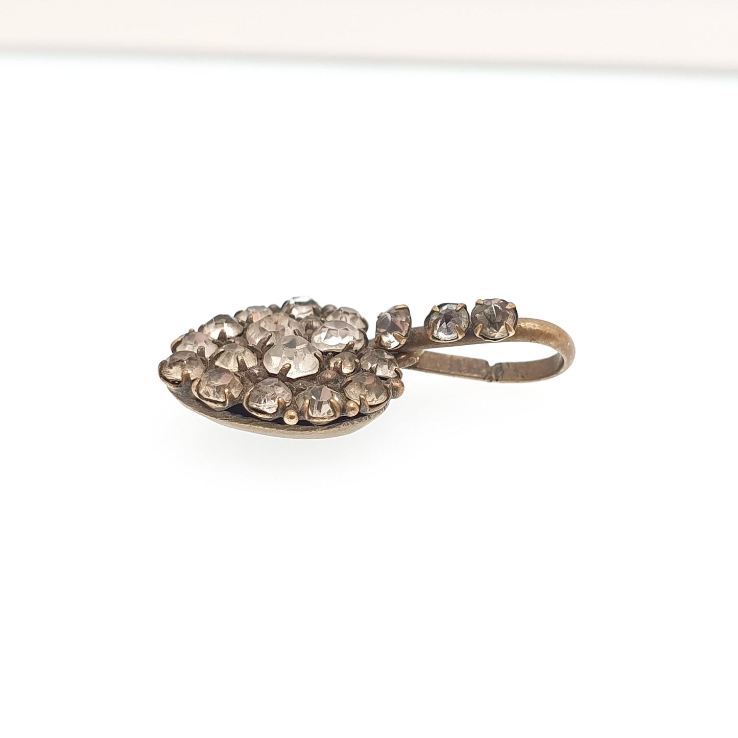 Antique Victorian Diamond Paste Heart Necklace Puffer Pendant Gold Tone Pave Set Love Gift Sparkly Womens Costume Jewelry Vintage Jewellery