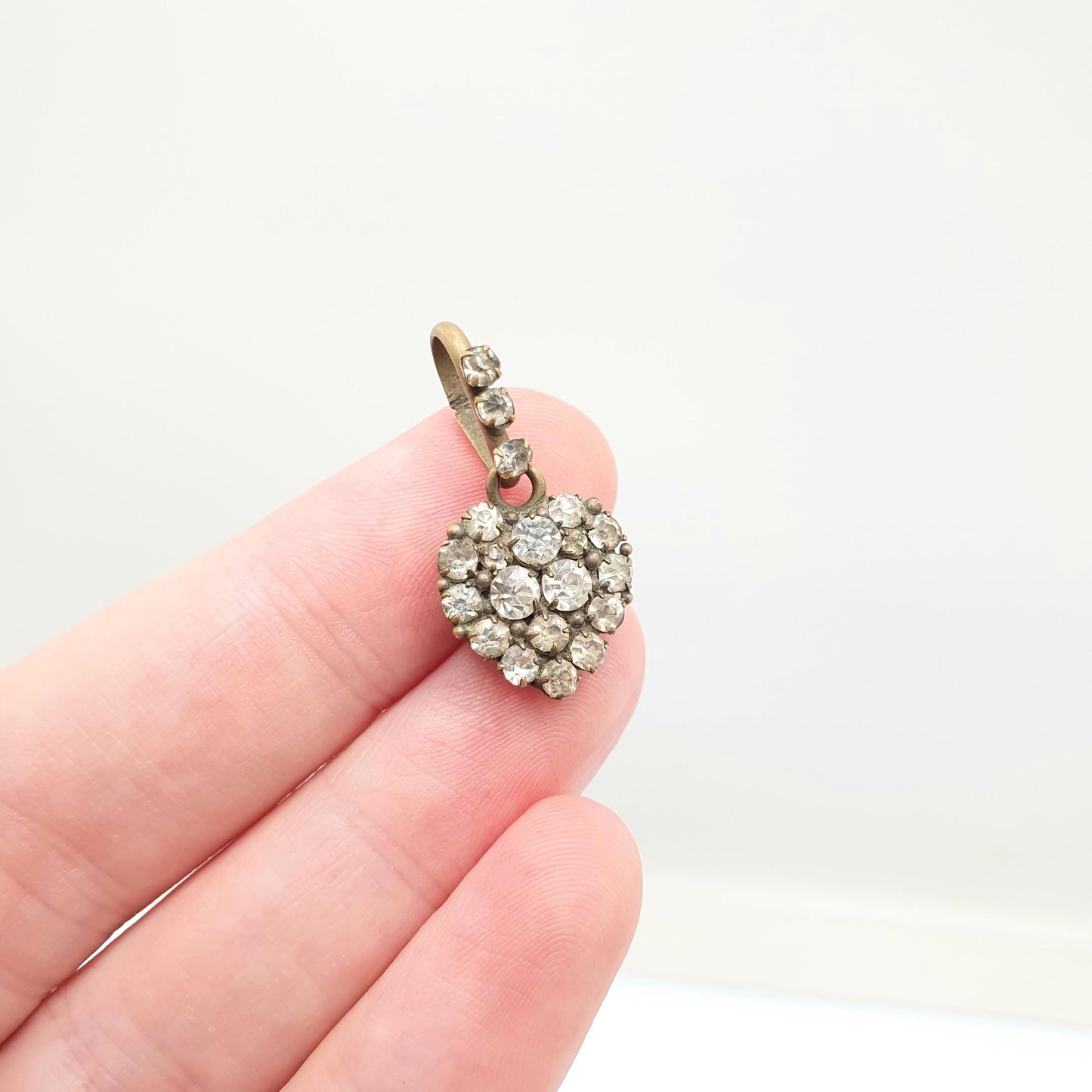 Antique Victorian Diamond Paste Heart Necklace Puffer Pendant Gold Tone Pave Set Love Gift Sparkly Womens Costume Jewelry Vintage Jewellery