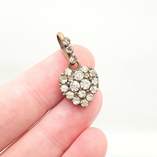 Antique Victorian Diamond Paste Heart Necklace Puffer Pendant Gold Tone Pave Set Love Gift Sparkly Womens Costume Jewelry Vintage Jewellery