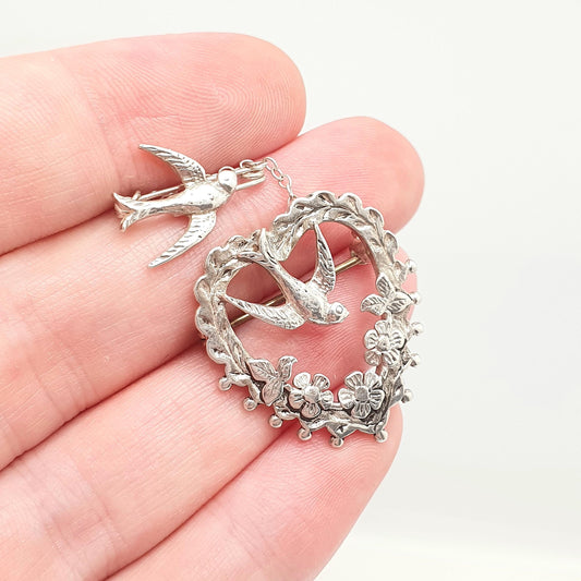 Vintage Sterling Silver Bird Brooch Victorian Style Sweetheart Birds Safety Pin PJM Cute Swallow Swift Gift Pin Vintage Jewelry Jewellery