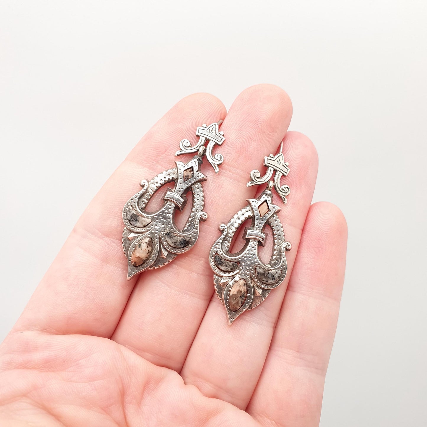 Antique Victorian Sterling Silver Scottish Earrings Aberdeenshire Granite Hardstone Hook Dangle Drop Scotland Womens Jewelry Jewellery