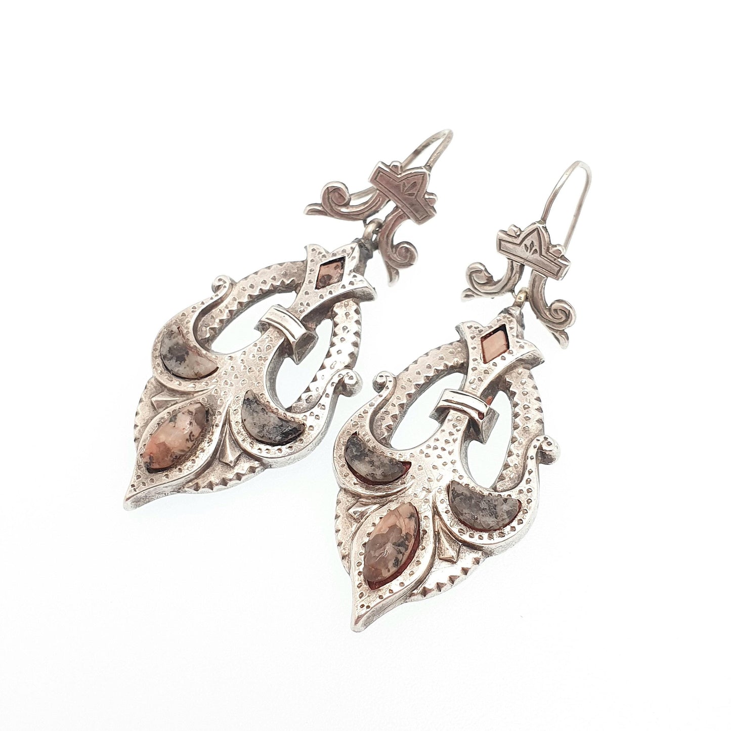 Antique Victorian Sterling Silver Scottish Earrings Aberdeenshire Granite Hardstone Hook Dangle Drop Scotland Womens Jewelry Jewellery
