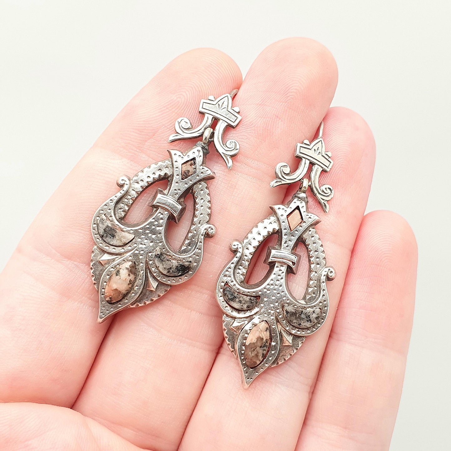 Antique Victorian Sterling Silver Scottish Earrings Aberdeenshire Granite Hardstone Hook Dangle Drop Scotland Womens Jewelry Jewellery