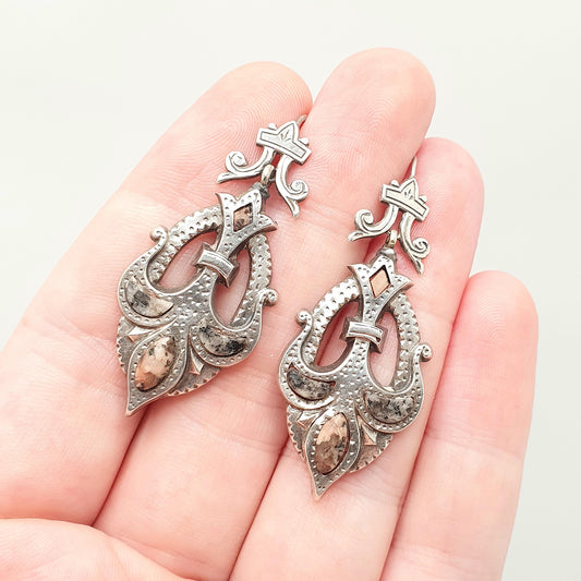 Antique Victorian Sterling Silver Scottish Earrings Aberdeenshire Granite Hardstone Hook Dangle Drop Scotland Womens Jewelry Jewellery