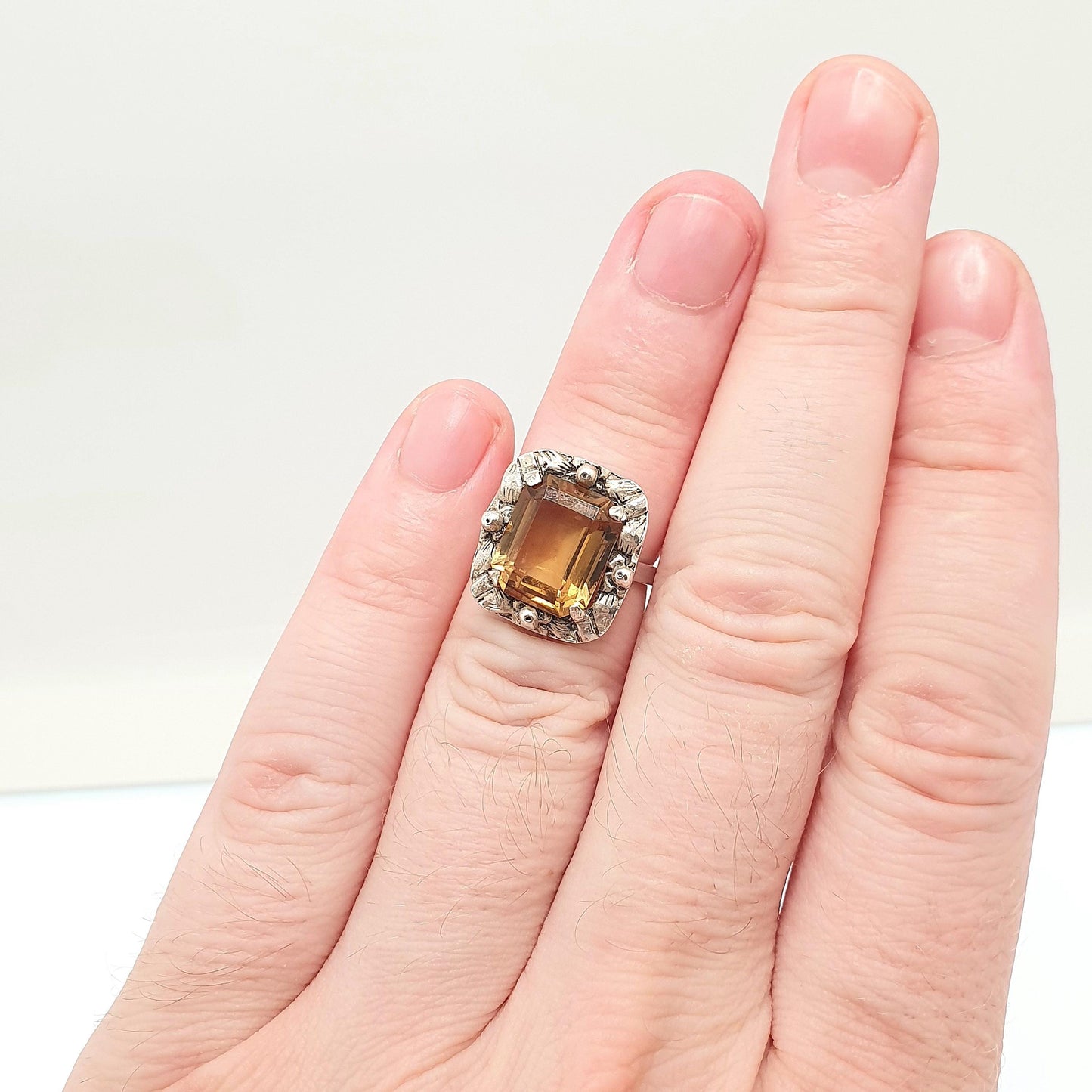 Antique Solid Silver Natural Citrine Ring Arts & Crafts Victorian Genuine Real Gemstone Rectangular Cut Vintage Women Jewellery Jewelry