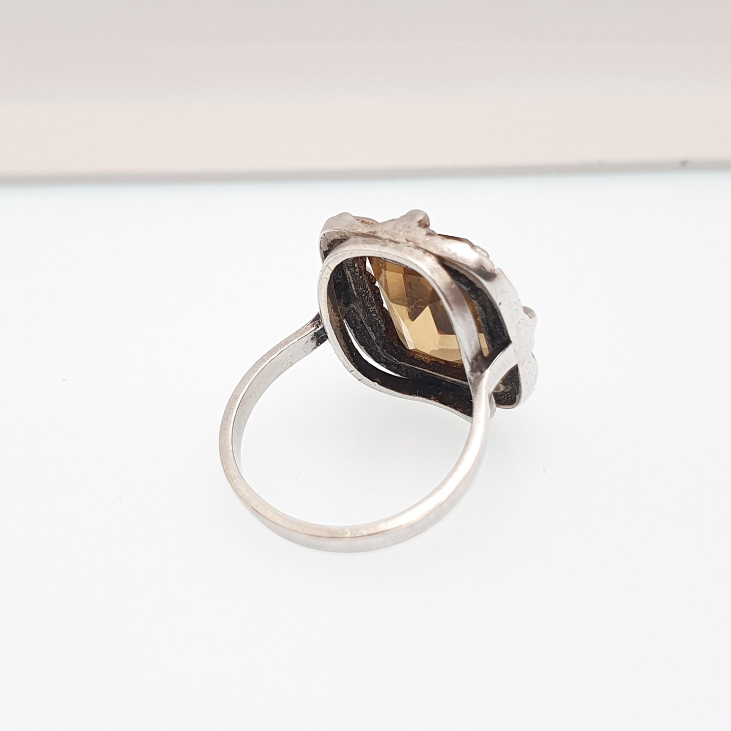 Antique Solid Silver Natural Citrine Ring Arts & Crafts Victorian Genuine Real Gemstone Rectangular Cut Vintage Women Jewellery Jewelry