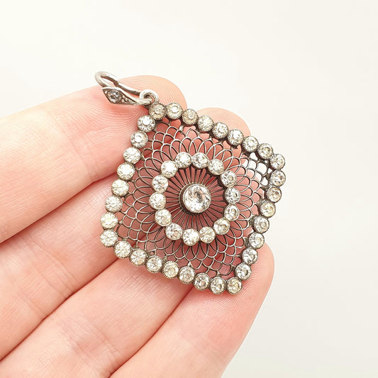 Antique Solid Silver Diamond Paste Pendant Dreamcatcher Web Spiral Necklace Large Square Art Deco Sparkly Vintage Womens Jewellery Jewelry