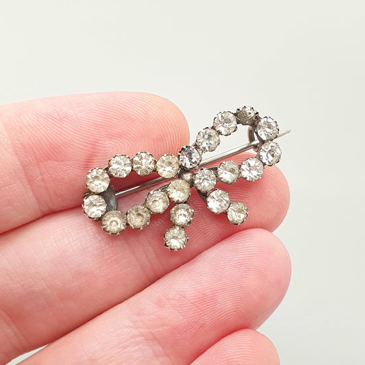 Antique Victorian Paste Solid Silver Bow Brooch Ribbon Cute Diamond Pastes 1800s Cute Gift Special Rare Womens Jewelry Jewellery Vintage