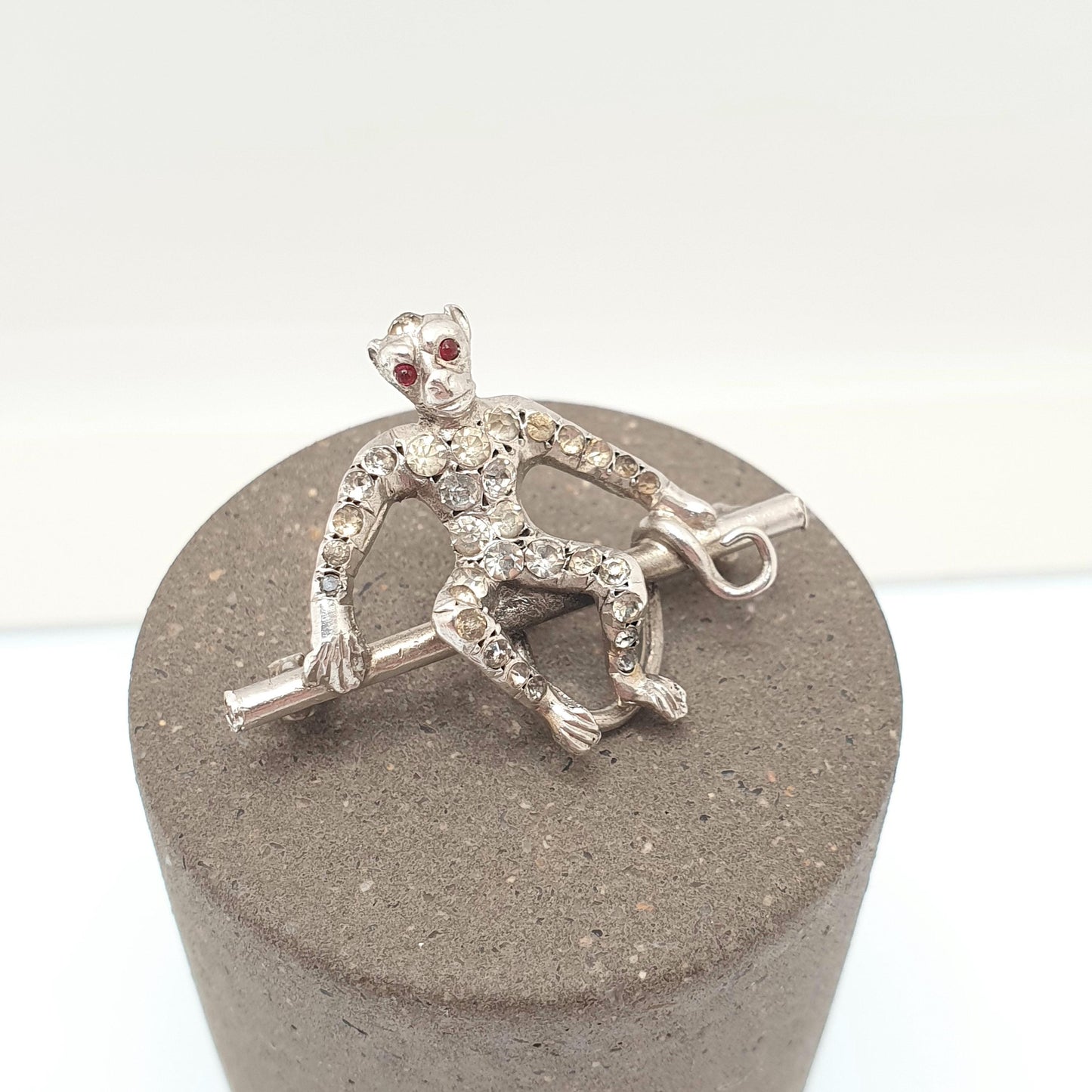Antique Sterling Silver Monkey Brooch Diamond Paste Victorian Ruby Paste Eyes Rare Chimp Ape Sitting Vintage Womens Jewelry Jewellery
