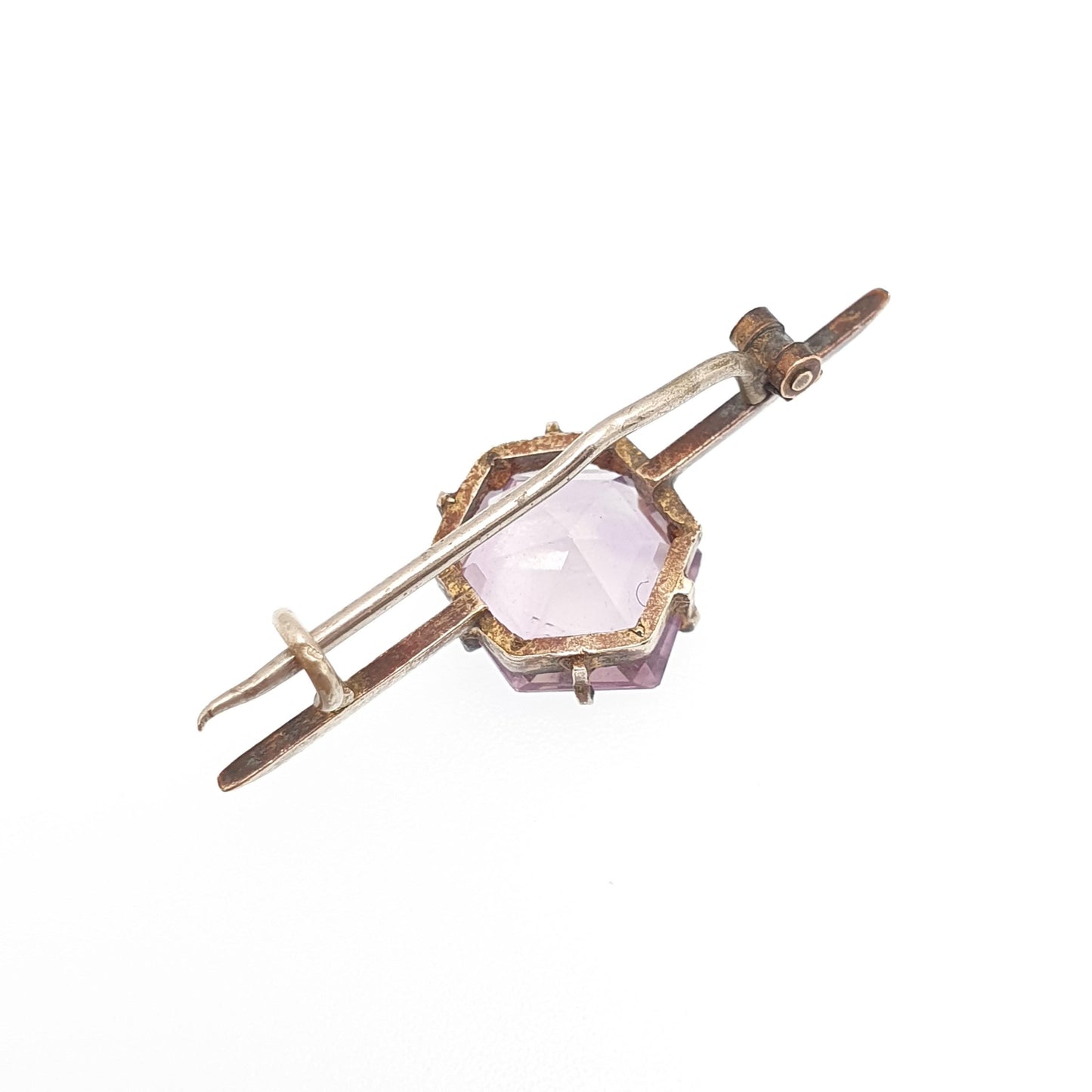 Antique Victorian Natural Amethyst Brooch Pin Hexagonal Hexagon Gold Gilt Genuine Gemstone Old Vintage 1800s Lilac Purple Womens Jewelry