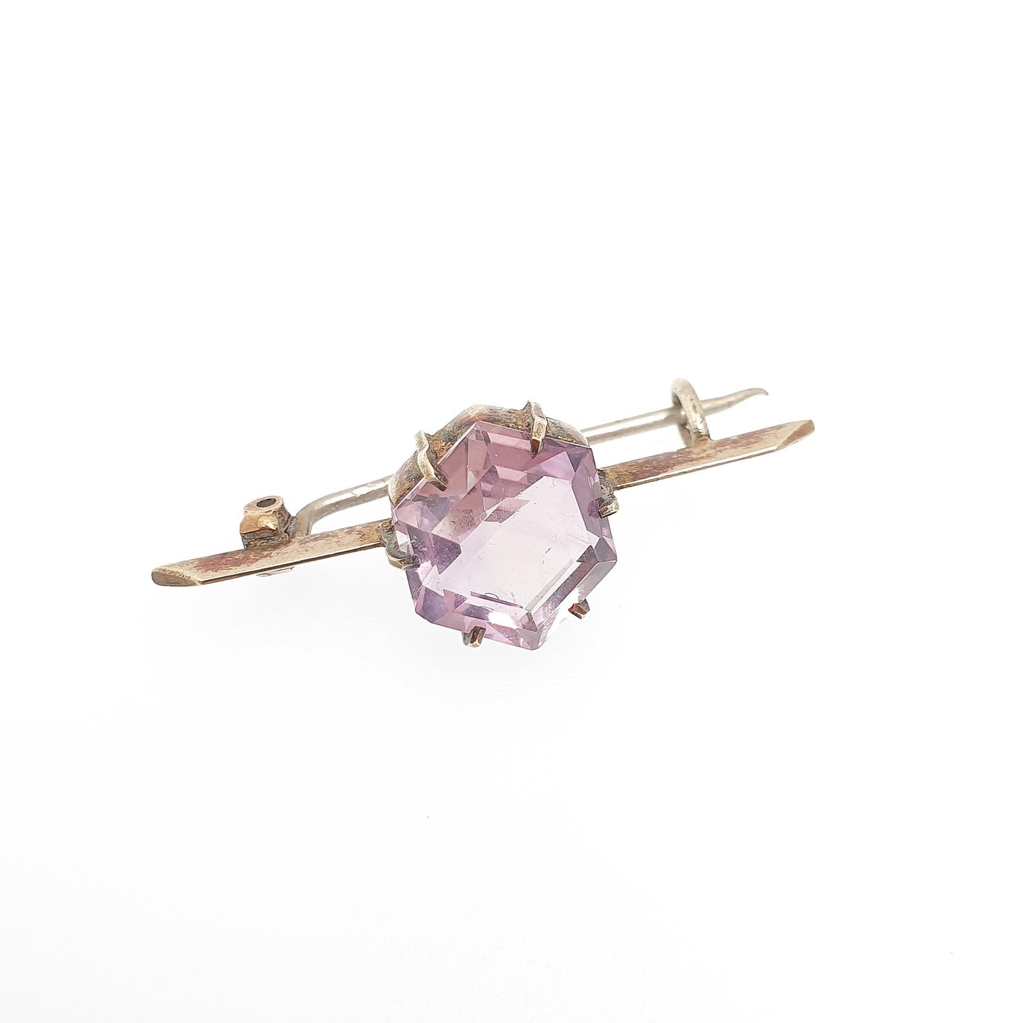 Antique Victorian Natural Amethyst Brooch Pin Hexagonal Hexagon Gold Gilt Genuine Gemstone Old Vintage 1800s Lilac Purple Womens Jewelry