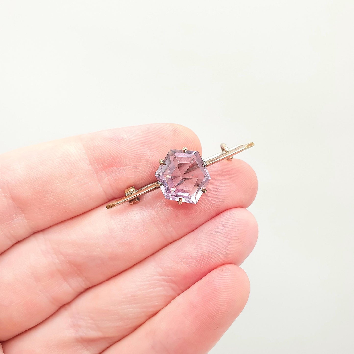 Antique Victorian Natural Amethyst Brooch Pin Hexagonal Hexagon Gold Gilt Genuine Gemstone Old Vintage 1800s Lilac Purple Womens Jewelry
