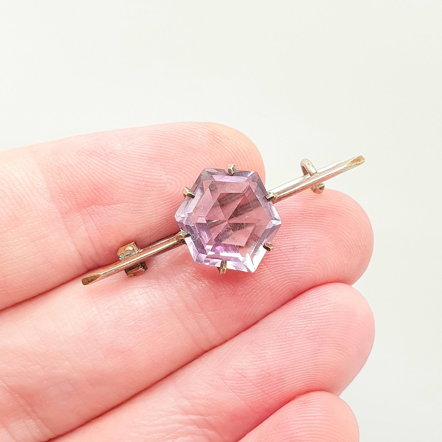 Antique Victorian Natural Amethyst Brooch Pin Hexagonal Hexagon Gold Gilt Genuine Gemstone Old Vintage 1800s Lilac Purple Womens Jewelry