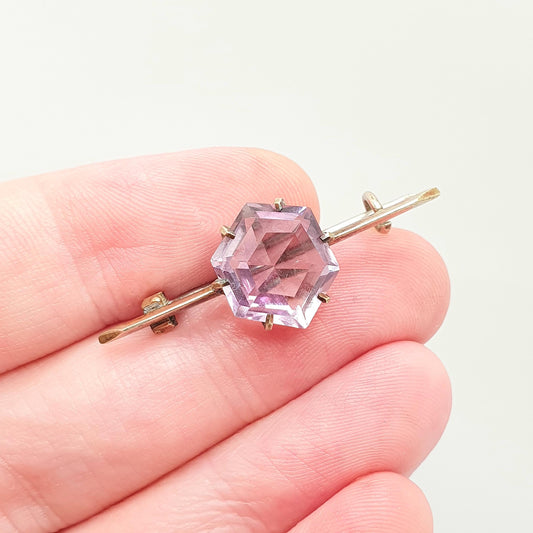 Antique Victorian Natural Amethyst Brooch Pin Hexagonal Hexagon Gold Gilt Genuine Gemstone Old Vintage 1800s Lilac Purple Womens Jewelry