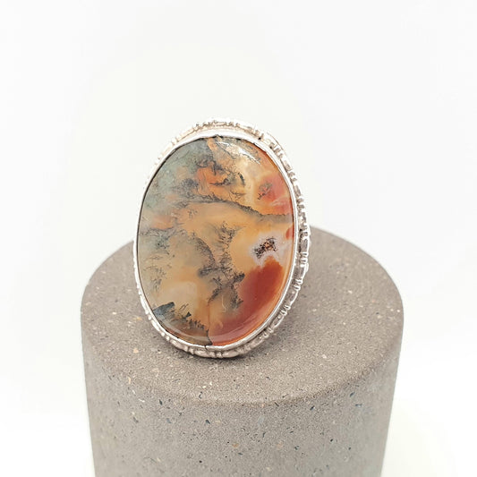 Antique Solid Silver Moss Agate Ring Large Big Cabochon Natural Gemstone Branch Veined Quartz Statement Signet Womens Jewellery Jewelry