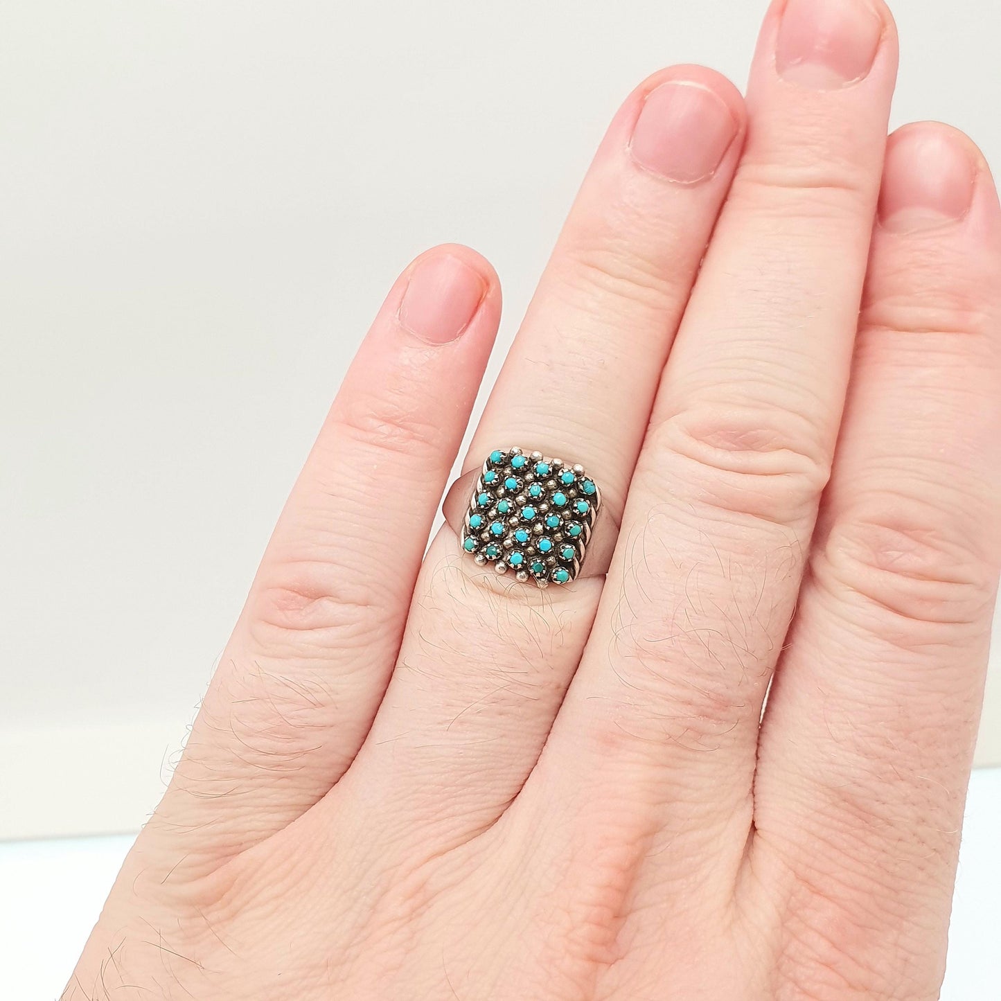 Antique Victorian Solid Silver Turquoise Ring Natural Gemstones Grid Square Signet Vintage 1800s Rare Genuine Womens Jewelry Jewellery