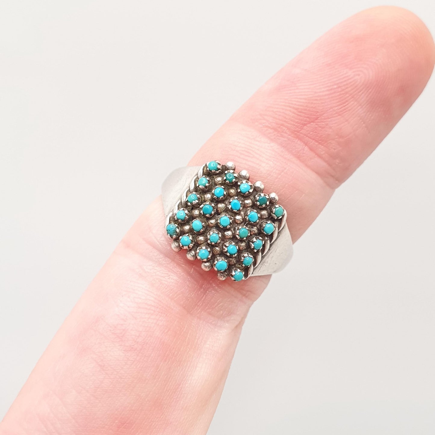 Antique Victorian Solid Silver Turquoise Ring Natural Gemstones Grid Square Signet Vintage 1800s Rare Genuine Womens Jewelry Jewellery