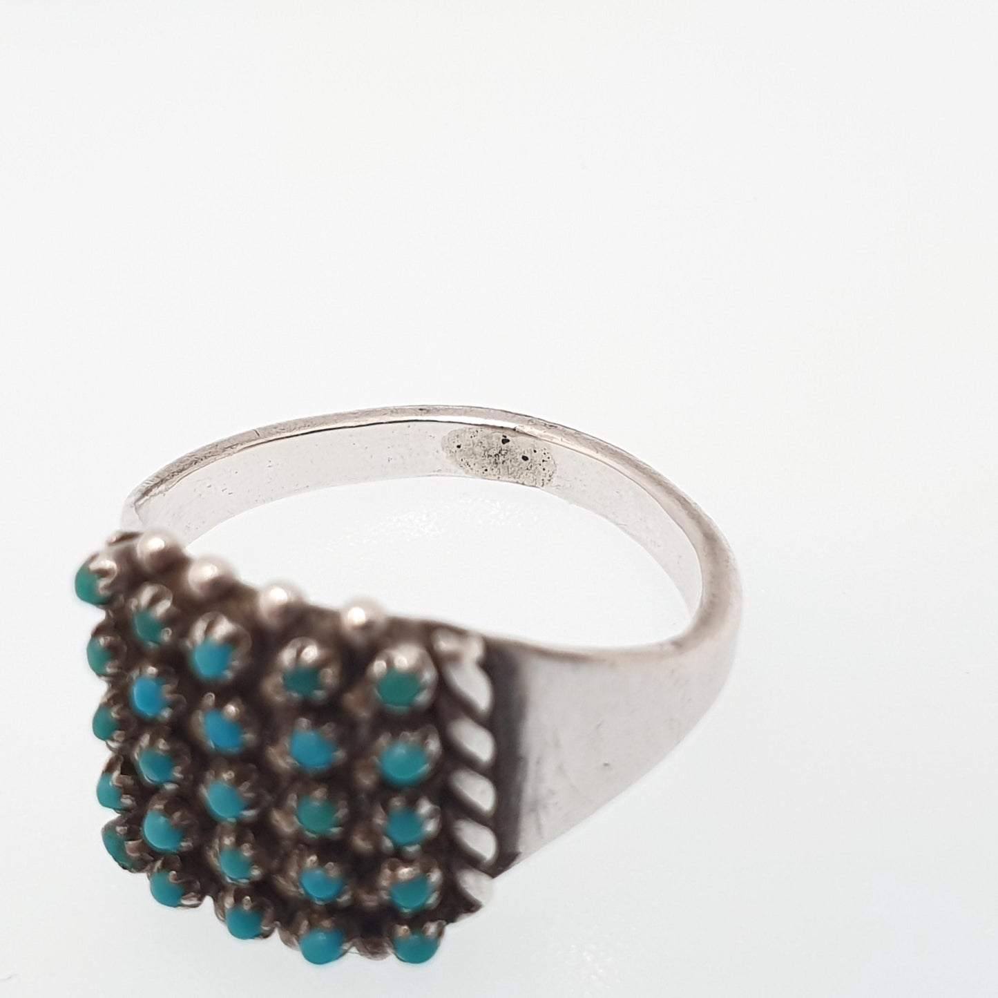 Antique Victorian Solid Silver Turquoise Ring Natural Gemstones Grid Square Signet Vintage 1800s Rare Genuine Womens Jewelry Jewellery