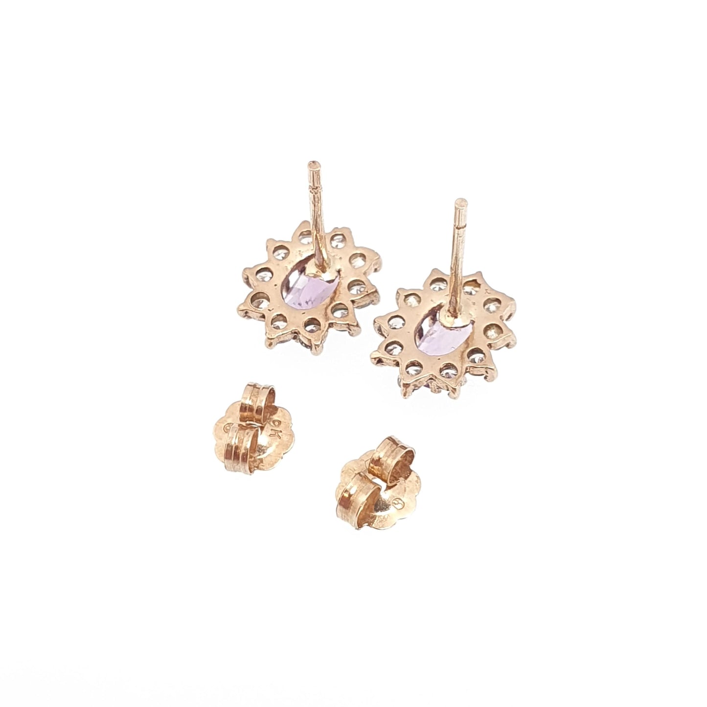 Vintage 9k 9ct Gold Amethyst Earrings Halo Cluster CZ Oval Cut Stud Solid 375 Pink Purple Gemstone Ladies Womens Jewelry Jewellery Retro