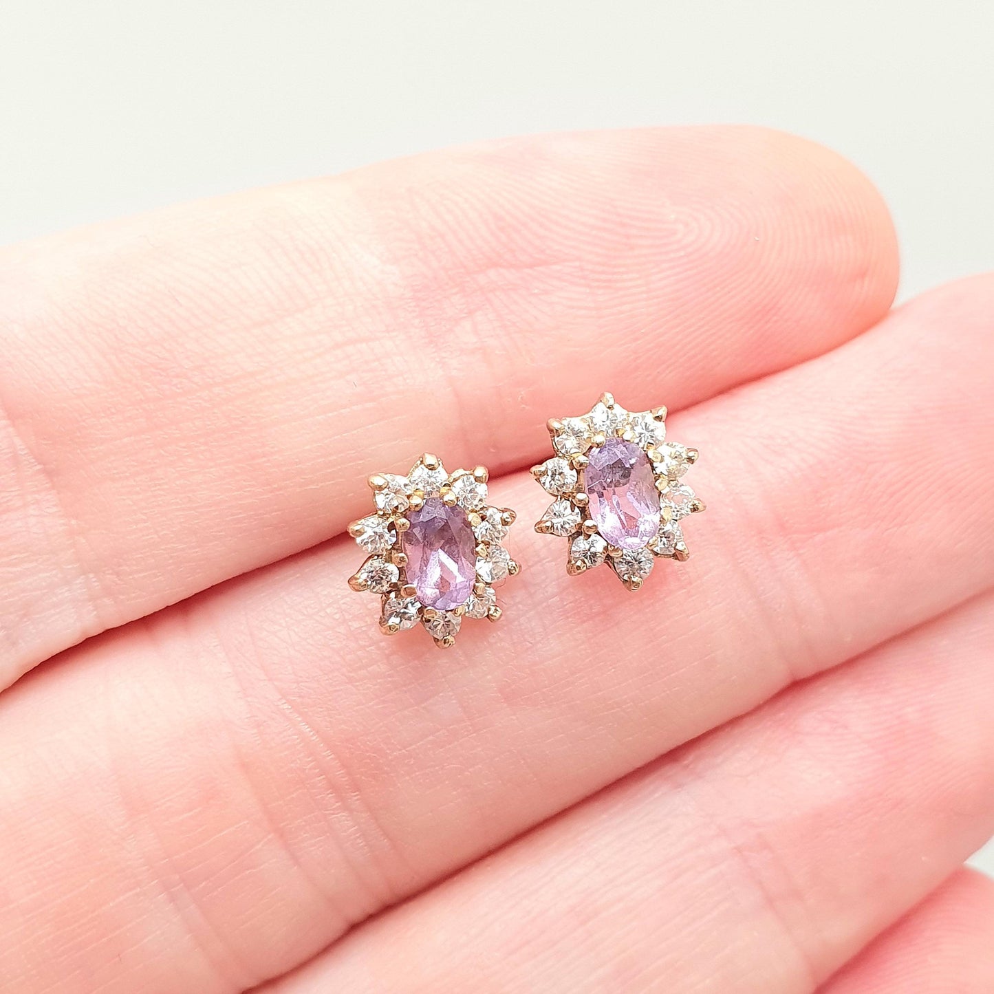 Vintage 9k 9ct Gold Amethyst Earrings Halo Cluster CZ Oval Cut Stud Solid 375 Pink Purple Gemstone Ladies Womens Jewelry Jewellery Retro
