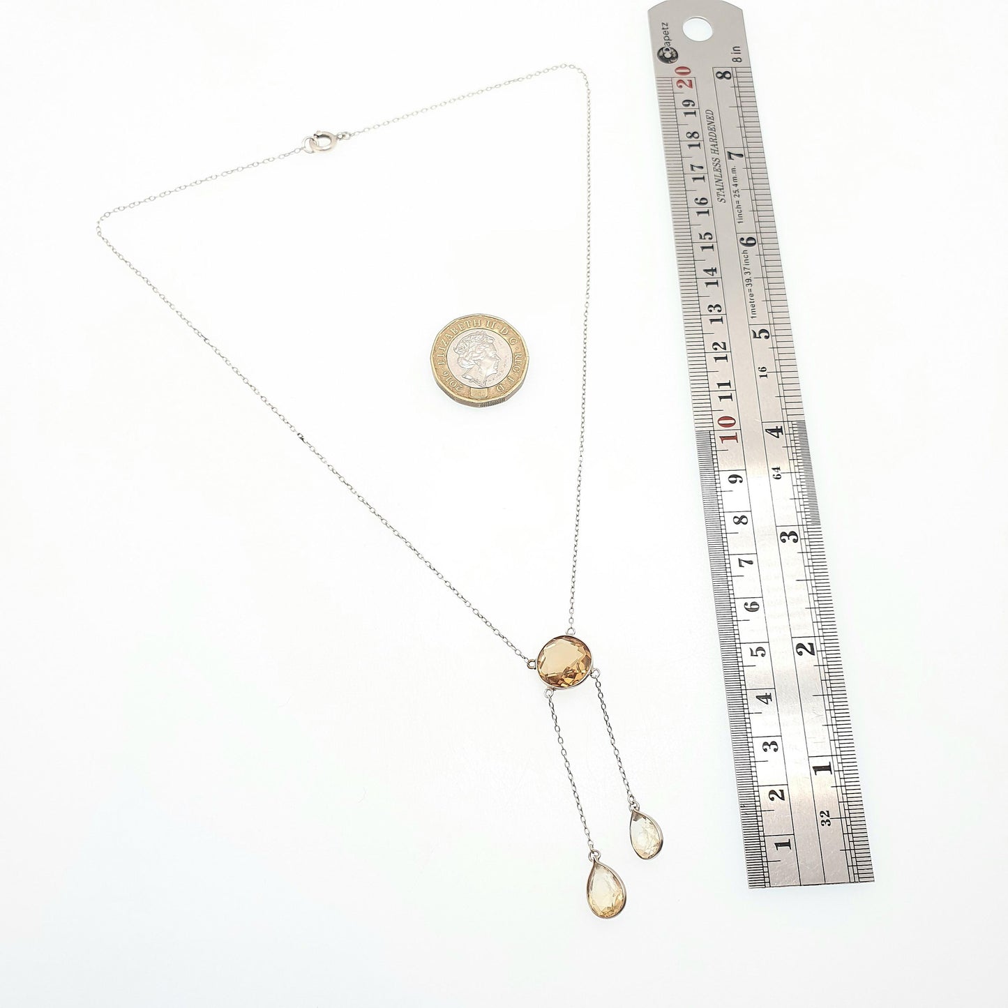 Antique Victorian Sterling Silver Citrine Pendant Necklace Quartz Lariat Lavaliere Gemstone Art Nouveau Vintage Women Jewelry Jewellery