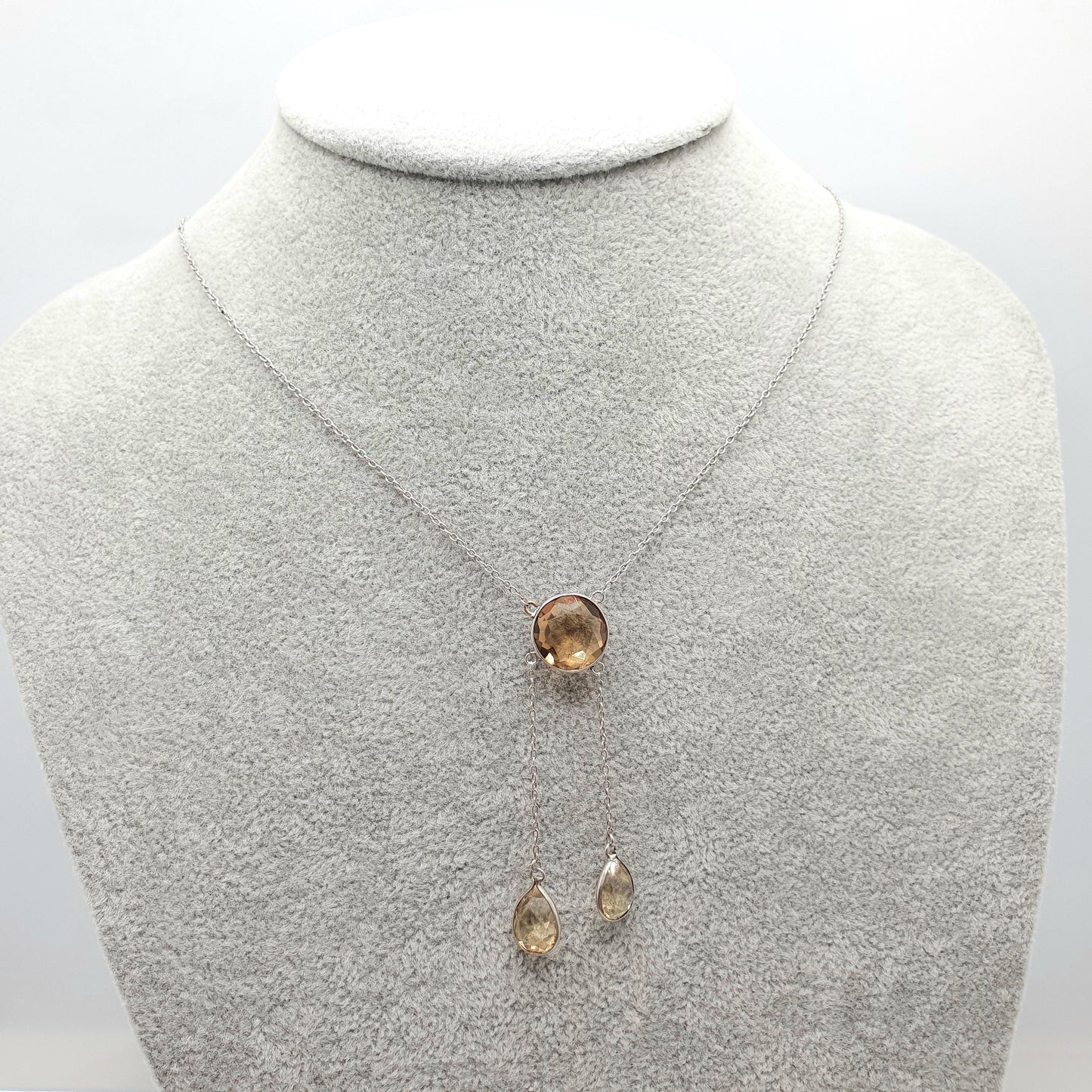 Antique Victorian Sterling Silver Citrine Pendant Necklace Quartz Lariat Lavaliere Gemstone Art Nouveau Vintage Women Jewelry Jewellery