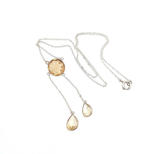 Antique Victorian Sterling Silver Citrine Pendant Necklace Quartz Lariat Lavaliere Gemstone Art Nouveau Vintage Women Jewelry Jewellery
