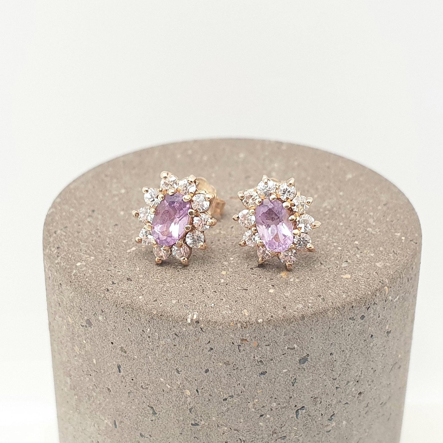 Vintage 9k 9ct Gold Amethyst Earrings Halo Cluster CZ Oval Cut Stud Solid 375 Pink Purple Gemstone Ladies Womens Jewelry Jewellery Retro