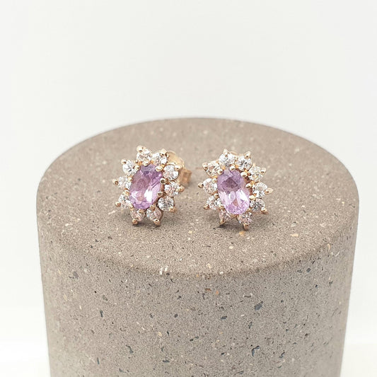 Vintage 9k 9ct Gold Amethyst Earrings Halo Cluster CZ Oval Cut Stud Solid 375 Pink Purple Gemstone Ladies Womens Jewelry Jewellery Retro