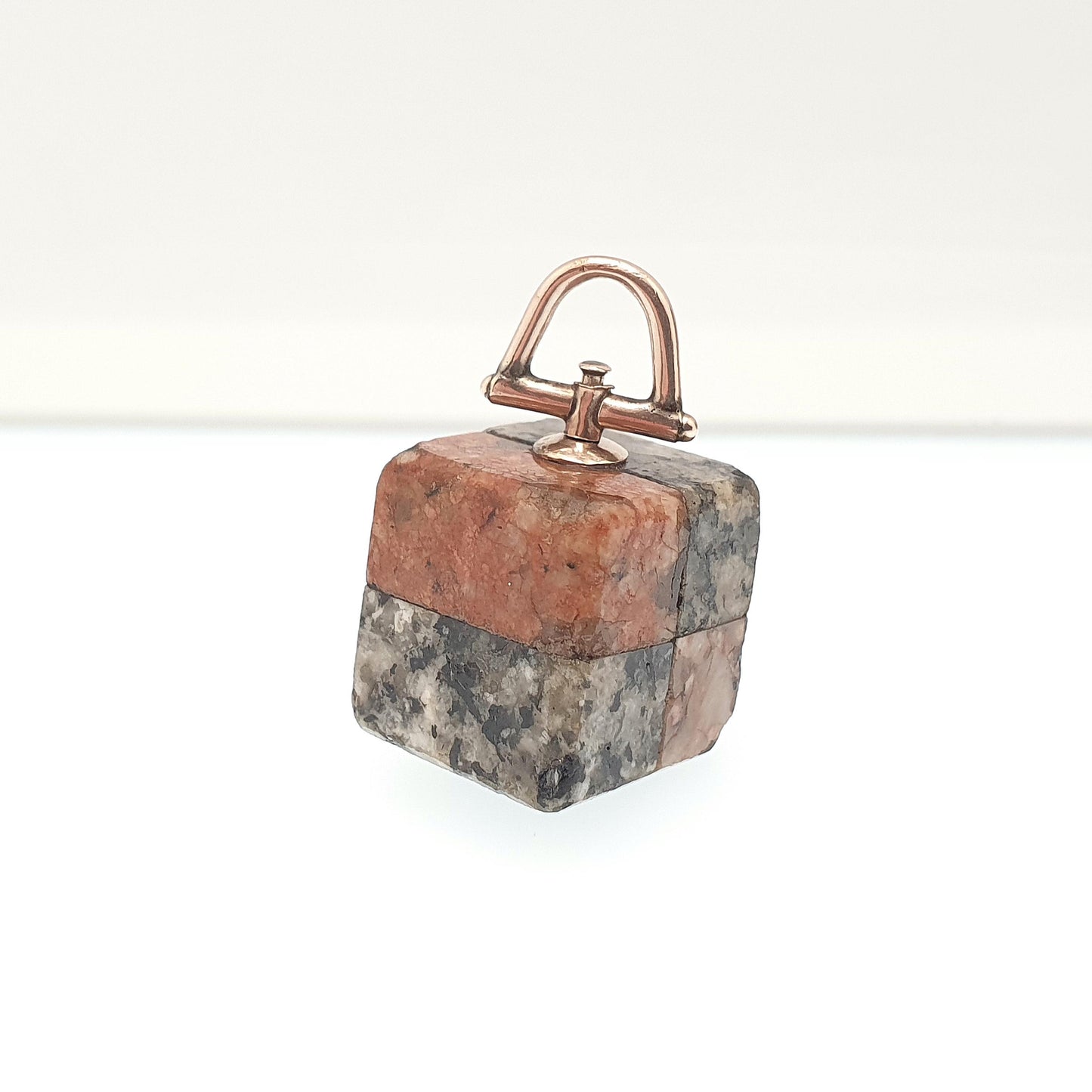 Antique 9ct 9k Gold Aberdeenshire Granite Pendant Fob Necklace Square Cube Battenburg Pink Grey Scottish Charm Hardstone Jewelry Jewellery