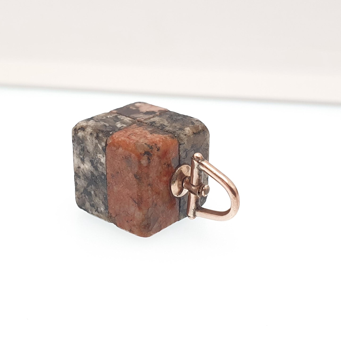Antique 9ct 9k Gold Aberdeenshire Granite Pendant Fob Necklace Square Cube Battenburg Pink Grey Scottish Charm Hardstone Jewelry Jewellery