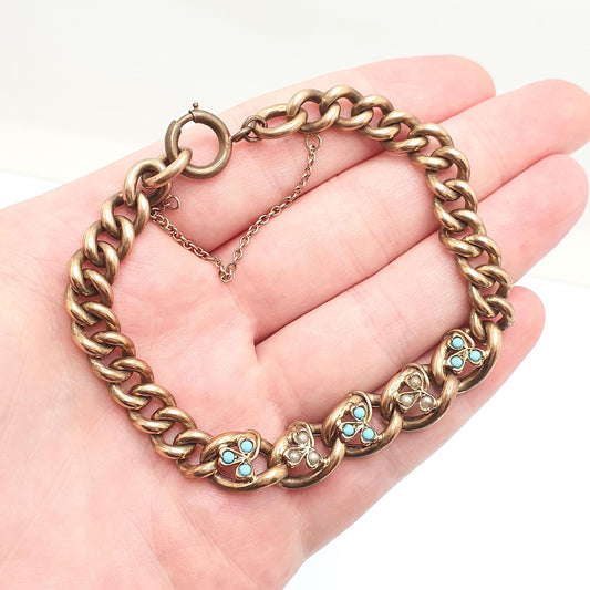 Antique Rolled Gold Filled Clover Bracelet Victorian Curb Link Faux Turquoise & Pearl 22cm 8.6" 26.88g Jewelry Jewellery Womens